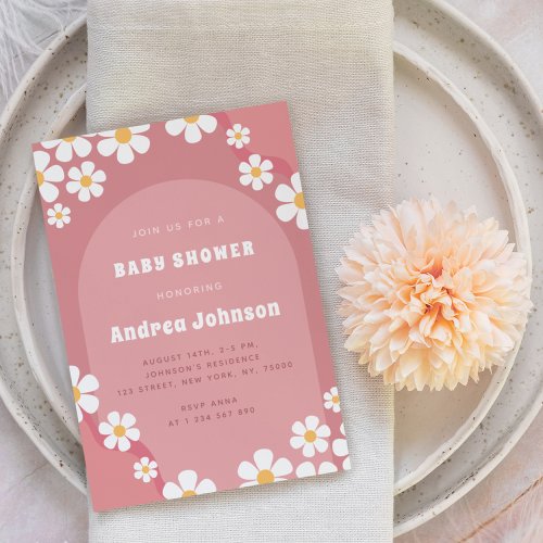 Retro Pink Arch Daisy Floral Girl Baby Shower Boho Invitation