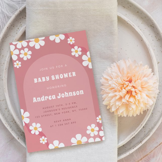 Retro Pink Arch Daisy Floral Girl Baby Shower Boho Invitation (Creator Uploaded)