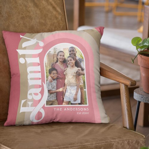 Retro Pink Arch Family Name Throw Pillow