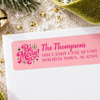 Retro Pink Be Merry Personalized Christmas Return Label