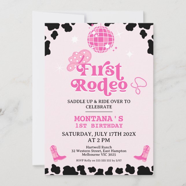 Retro Pink Black Disco First Rodeo 1st Birthday Invitation (Front)