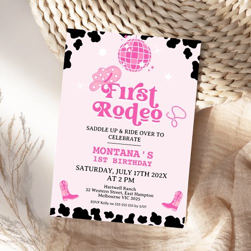 Retro Pink Black Disco First Rodeo 1st Birthday Invitation