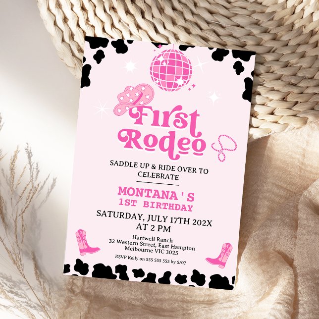 Retro Pink Black Disco First Rodeo 1st Birthday Invitation (Girls First Rodeo Invitation Cowgirl Birthday Invite Cowgirl 1st Rodeo Southwestern Ranch Wild West )