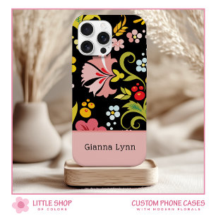 Retro Pink Black Floral Monogrammed iPhone 15 Case