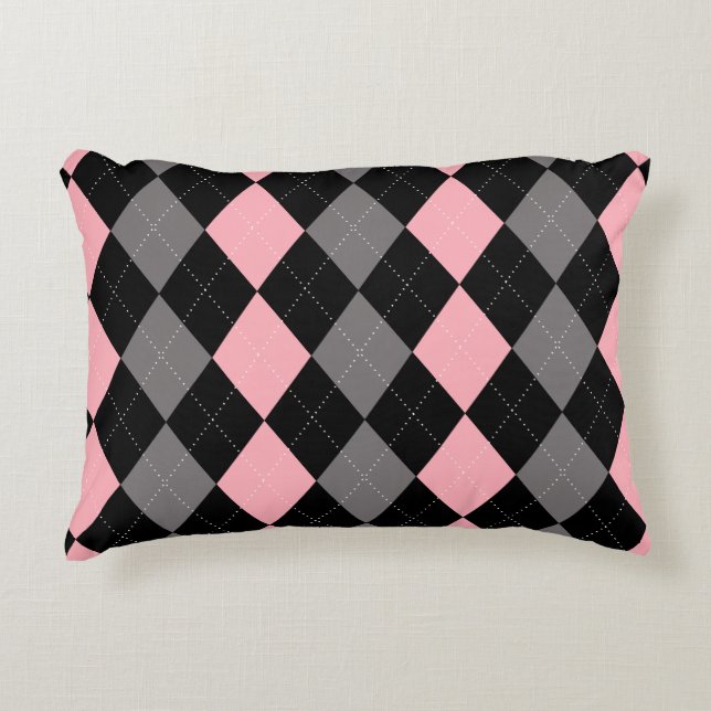 Retro Pink Black Gray Argyle Accent Pillow (Front)