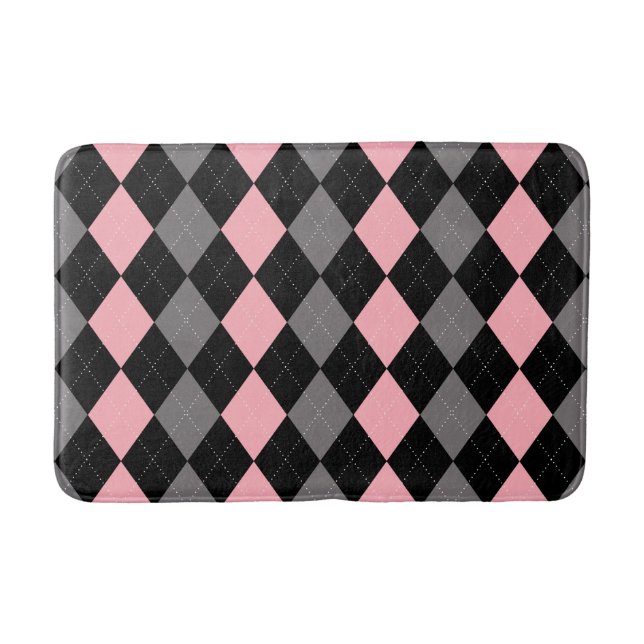 Retro Pink Black Gray Argyle Bath Mat (Front)