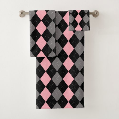 Retro Pink Black Gray Argyle Bath Towel Set