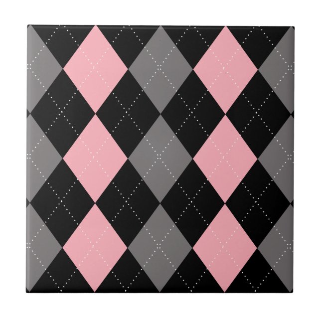 Retro Pink Black Gray Argyle Ceramic Tile (Front)
