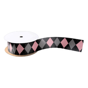 Retro Pink Black Gray Argyle Satin Ribbon
