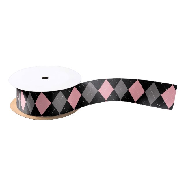 Retro Pink Black Gray Argyle Satin Ribbon (Spool)