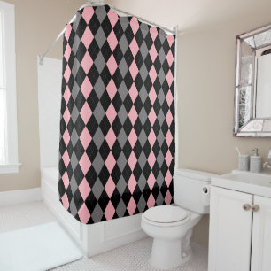 Retro Pink Black Gray Argyle Shower Curtain