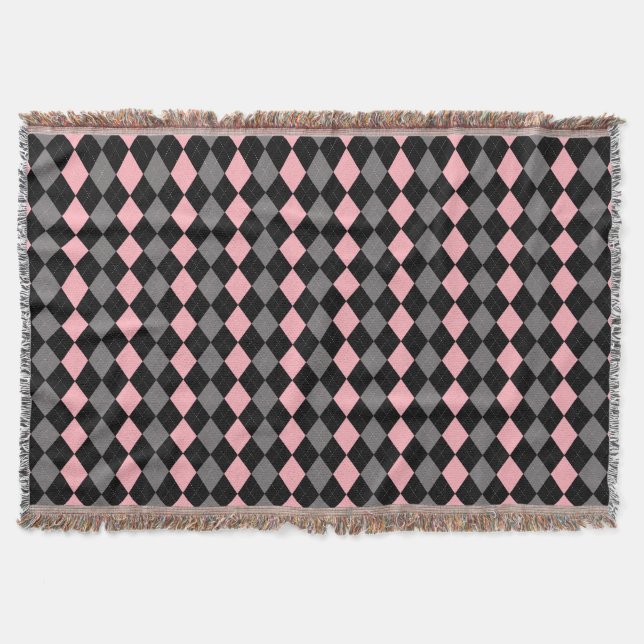 Retro Pink Black Gray Argyle Throw Blanket (Front)