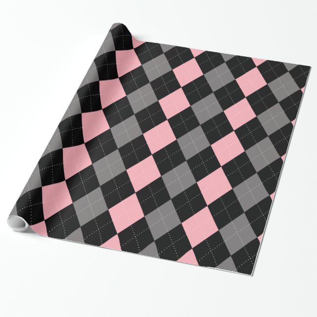 Retro Pink Black Gray Argyle Wrapping Paper (Unrolled)