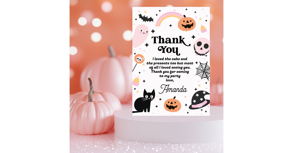 Retro Pink Black Halloween Birthday Thank You Card | Zazzle