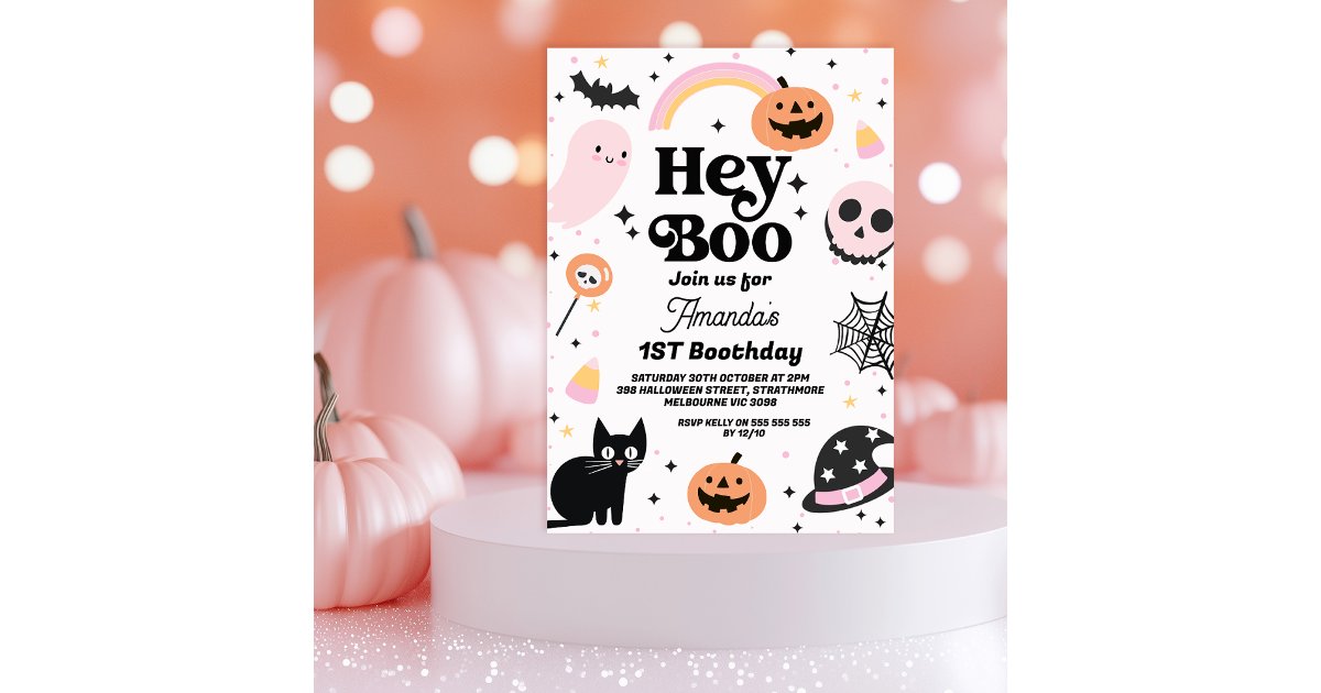 Retro Pink Black Halloween Hey Boo 1st Birthday Invitation | Zazzle