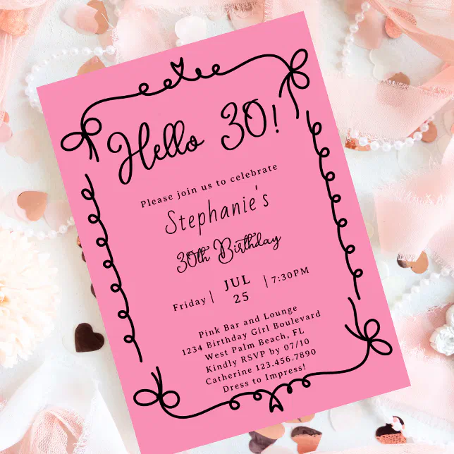 Retro Pink & Black Handwritten 30th Birthday Party Invitation | Zazzle