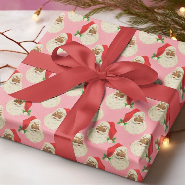 Retro Pink Black Santa Christmas Wrapping Paper (Creator Uploaded)