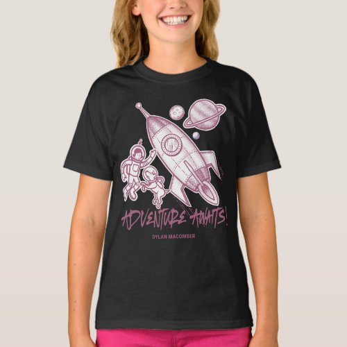 Retro Pink Black Space Travel Rocket Astronaut T_Shirt