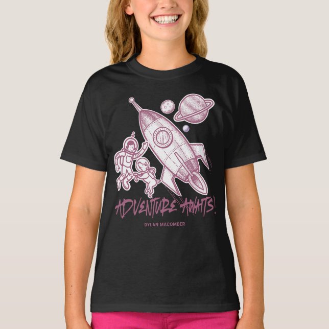 Retro Pink Black Space Travel Rocket Astronaut T-Shirt (Front)