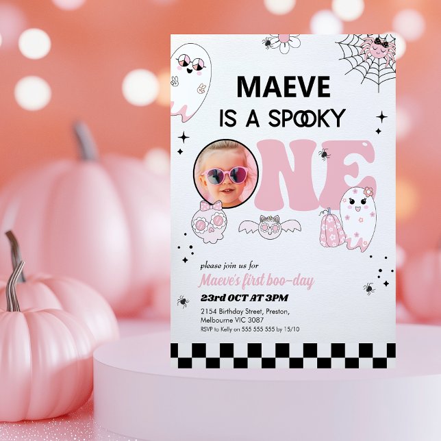Retro Pink Black Spooky One 1st Birthday  Invitation (Spooky One )