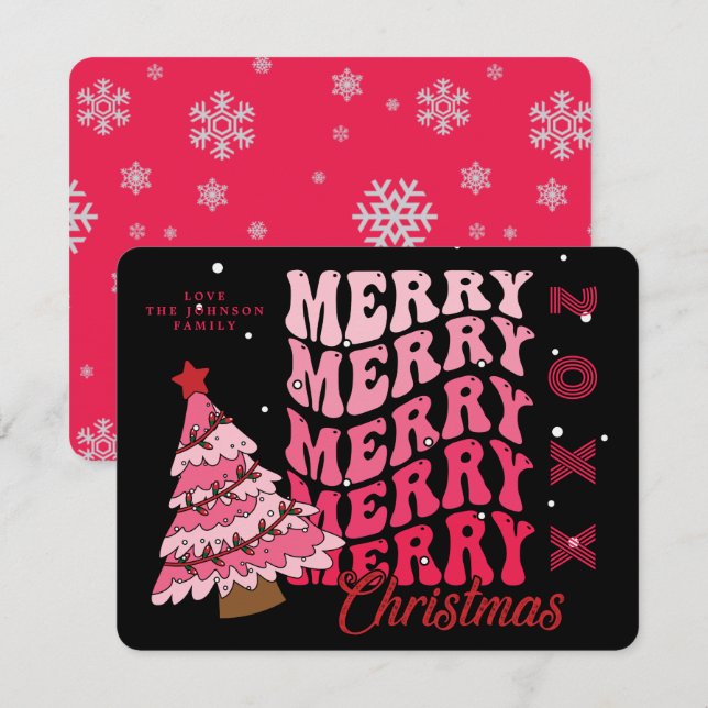 Retro Pink & Black Typography Merry Christmas Tree Holiday Card (Front/Back)