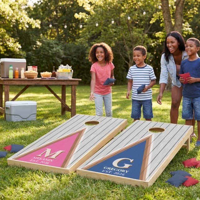 Retro Pink & Blue Family Monogram Cornhole Set (Retro Pink & Blue Family Monogram Cornhole Set)