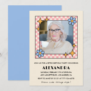 Retro Pink Blue Floral Photo 92nd birthday Invitation