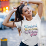 Retro Pink blue girls weekend getaway T-Shirt<br><div class="desc">Cute retro font with colors of pink blue and yellow on t shirt for women. Quote "weekend vibes" on the shirt.</div>
