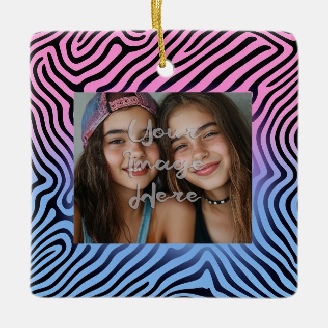 Retro Pink Blue Gradient Zebra Stripe Photo Frame Ceramic Ornament (Front)