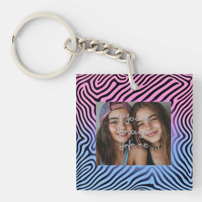 Retro Pink Blue Gradient Zebra Stripe Photo Frame Keychain (Front)