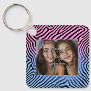 Retro Pink Blue Gradient Zebra Stripe Photo Frame Keychain