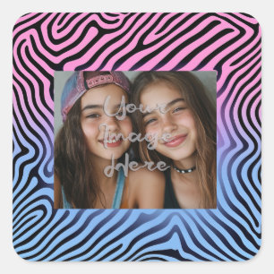Retro Pink Blue Gradient Zebra Stripe Photo Frame Square Sticker