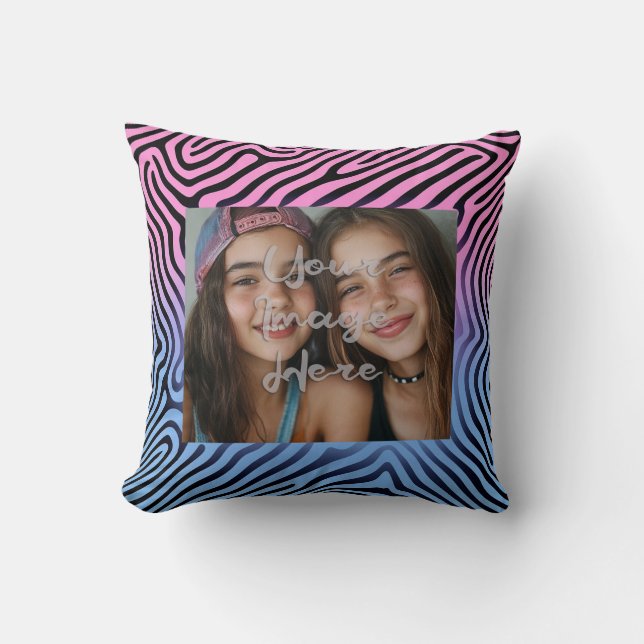 Retro Pink Blue Gradient Zebra Stripe Photo Frame Throw Pillow (Front)