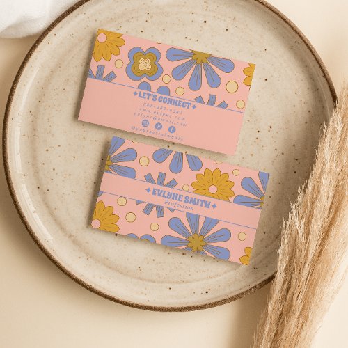 Retro Pink Blue Groovy Floral Boho Girly Trendy Business Card