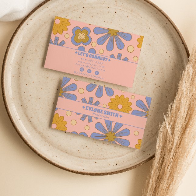 Retro Pink Blue Groovy Floral Boho Girly Trendy Business Card (Creator Uploaded)