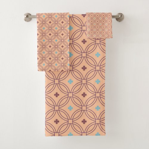 Retro Pink  Blue Interlocking Geometric Pattern Bath Towel Set