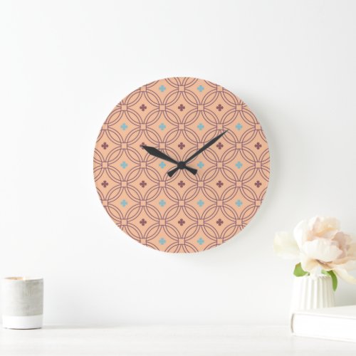 Retro Pink  Blue Interlocking Geometric Pattern Large Clock