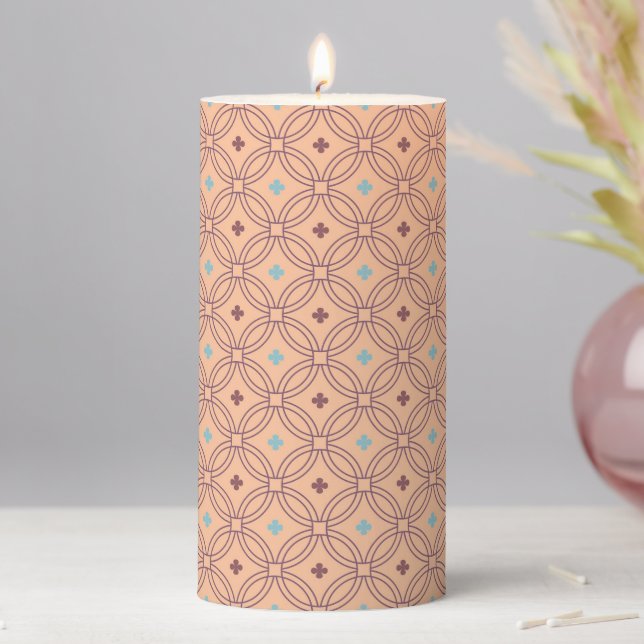 Retro Pink & Blue Interlocking Geometric Pattern Pillar Candle (In Situ)