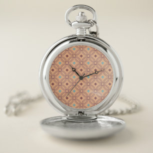 Retro Pink & Blue Interlocking Geometric Pattern Pocket Watch