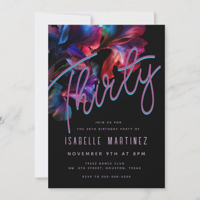 Retro Pink Blue Neon Floral 30th Birthday Invitation (Front)