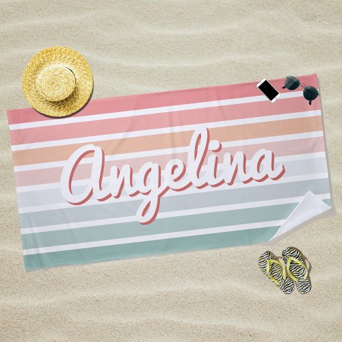 Retro Pink  Blue Stripe Personalized Name Beach Towel