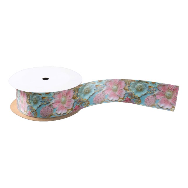 Retro Pink Blue tooled leather  Satin Ribbon (Spool)