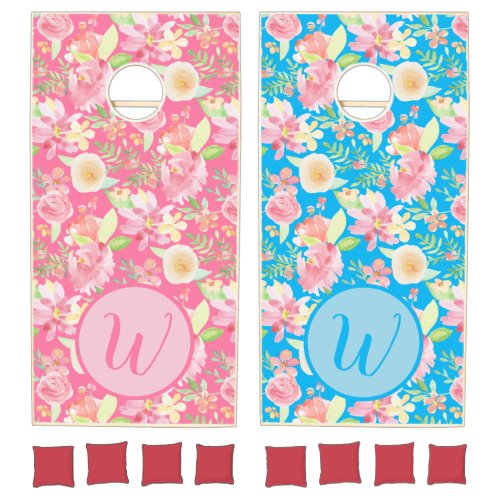 Retro Pink Blue Watercolor Floral Monogrammed Cornhole Set