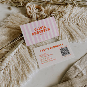 Retro Pink  Boho Groovy Pinstripes Girly QR Code Business Card