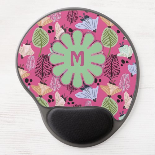 Retro Pink Botanical Flowers Monogram Gel Mouse Pad