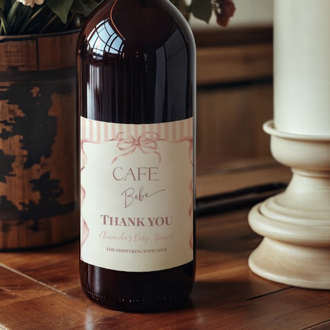 Retro Pink Bow Cafe Bebe Girl Coffee Baby Shower Wine Label (Creator Uploaded)