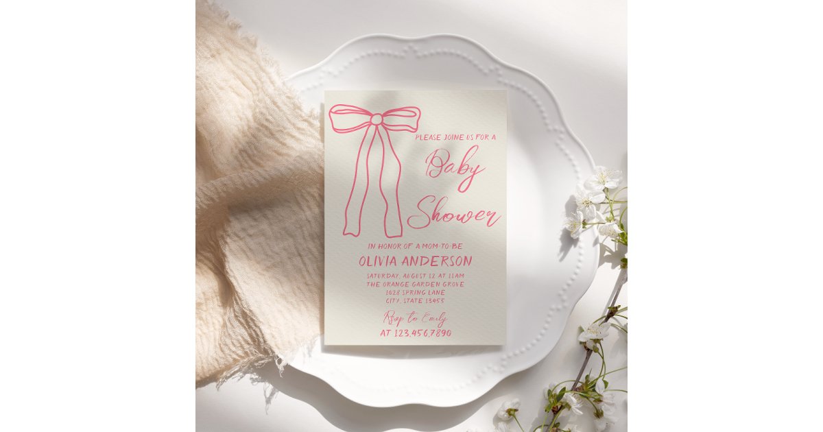 Retro Pink Bow Hand Drawn Written Baby Girl Shower Invitation | Zazzle