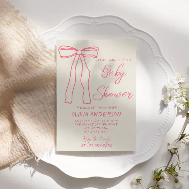 Retro Pink Bow Hand Drawn Written Baby Girl Shower Invitation | Zazzle