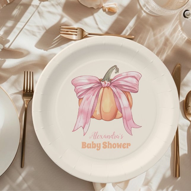 Retro Pink Bow Pumpkin Baby Shower Paper Plates (Creator Uploaded)