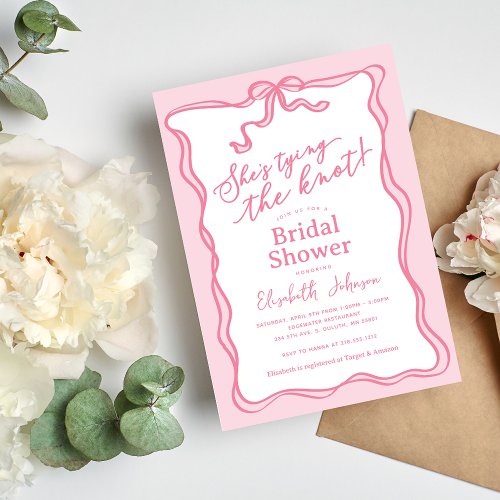 Retro Pink Bow Shes Tying the Knot Bridal Shower Invitation